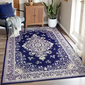 Area Rug 5x8 Washable Rug Navy Blue Rugs for Bedroom, Non Slip Rugs for Living Room, Faux Wool Throw Carpet for Entryway Kitchen Dinning Room Office