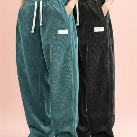 Women's Dark Green Woven Corduroy 2-Piece Set - High-Waisted Drawstring Wide-Leg Pants & Breathable Sweatshirt, Retro Sporty Chic Everyday Wear, Comfortable Smooth Drapey Fabric for Home & Light Athletics (Black Option), Women's 2 Piece Sets