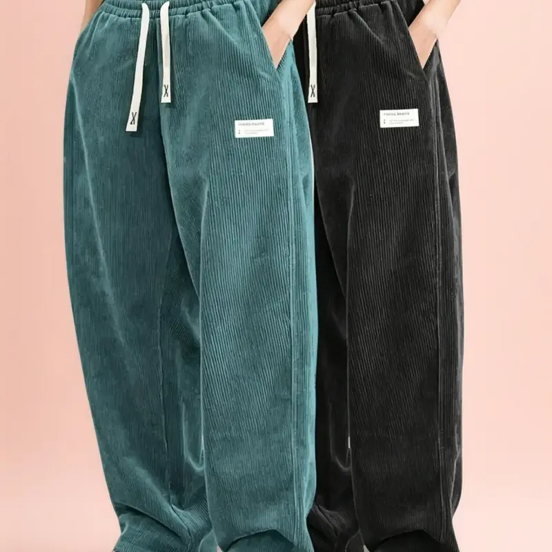 Women's Dark Green Woven Corduroy 2-Piece Set - High-Waisted Drawstring Wide-Leg Pants & Breathable Sweatshirt, Retro Sporty Chic Everyday Wear, Comfortable Smooth Drapey Fabric for Home & Light Athletics (Black Option), Women's 2 Piece Sets
