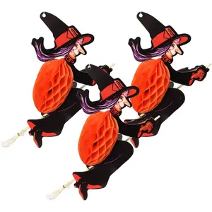 Halloween Party Decorations, Orange Hanging Honeycomb Witch Cutouts, Festive Paper Accessories, 12 Inches