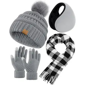 4 in 1 Winter Set Unisex Beanie Hat Scarf Gloves and Ear Warmer Knitted Warm Touch Screen Set for Men Women Gift Cozy Cold Weather