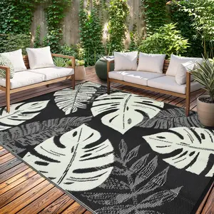 Waterproof Outdoor Rug Tropical Leaf Woven Patio Carpet Double-sided Plastic Straw Rug Large Size Modern Outdoor Rug for Balcony Patio Deck Beach RV