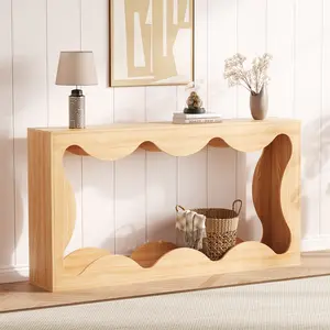 Farmhouse Planked Console Table - 63 Inch Narrow Sofa Table with Storage Shelves, Rustic Wood Entryway Decor for Hall & Living Room