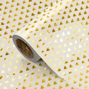 Cream Gold Heart Gift Wrapping Paper Roll, Metal Gold Mini Heart Print, Wedding, Engagement, Valentine's Day, DIY Craft Decor, 43.2cm X 300cm