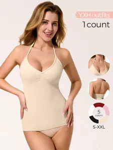 Women's Halter V-Neck Shapewear Tank Top, Tummy Control Seamless Compression Ruched Slimming All Seasons