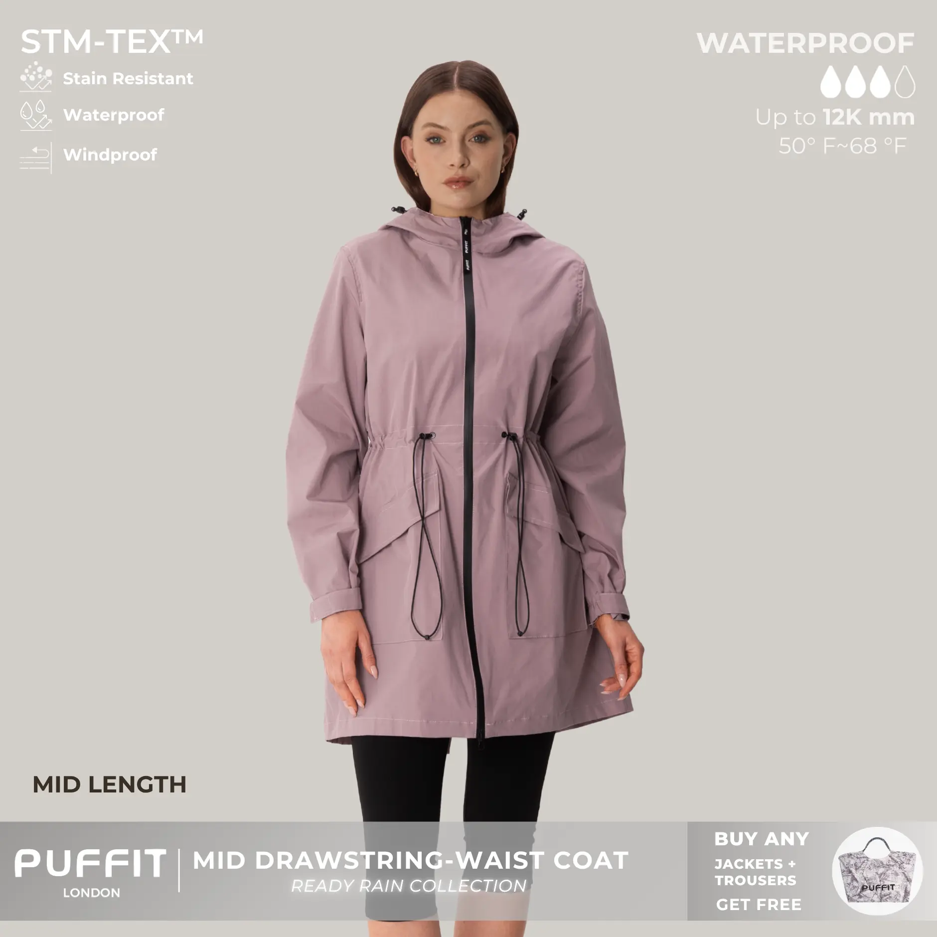 PUFFIT STM-TEX Waterproof Outdoor Hiking Mid Long Length Styles Waist Cinching Lightweight Fast Drying Jacket Raincoat Outdoor Lightweight Sports Jacket Shell Jacket,Windbreaker,Dog Walking,School Running,Football Mum,Womenswear,Fall,Winter,2026 Shopping