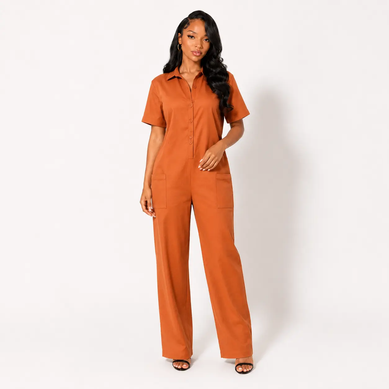 Motionkiller Solid Button-Front Jumpsuit with Pockets and Spread Collar for Fashion Apparel - Check, Overalls, Polyester, Women, Fit, Fabric, Us Sizing, Pants, Shortsleeve, Jumpsuits For Women, Polyester Blend, Fitted, Has Pockets, Below Ankle