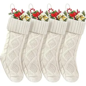 Christmas Stockings 18 Inches,Long Knitted Socks Christmas Decoration Hanging Stocking Fireplace Xmas Tree Stocking for Home Family（4 White）