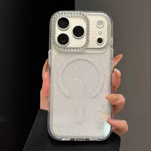Bling Rhinestone Camera Frame Glitter Clear MagSafe Magnetic Case for iPhone17pro、17promax、17,16/15/14, Shockproof Transparent Sparkle Phone Cover