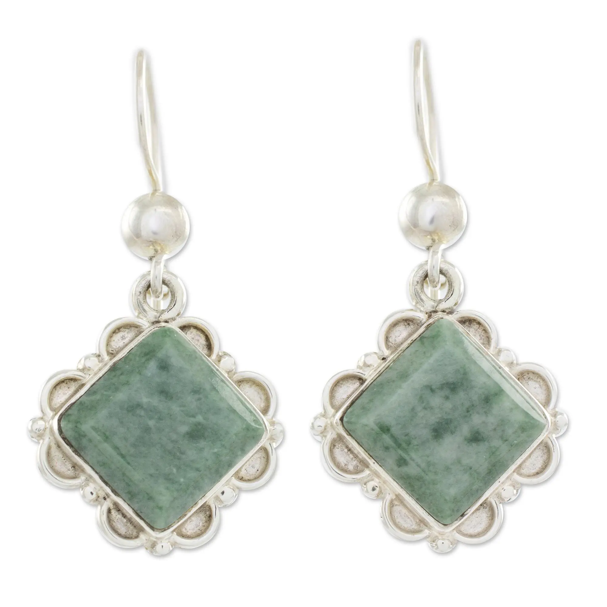Novica Artisan Handmade Jade Dangle Earrings Silver Diamond Shaped Floral Light Green Sterling Guatemala Gemstone [1.5 In L X 0.8 In W X 0.2 In D] ' Light Green Floral Diamond'