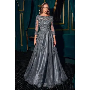 Cinderella Divine -J883 Applique Boat Neck A-line Gown