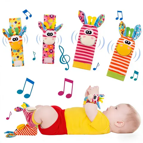 Cute Animal-Shaped Unisex Soft Plush Wrist/Foot Set - Baby Rattle Wristbands, Foot Finder Socks, Infant Sensory Developmental Toys for 0-12 Months Nursery Play, Ideal Gift