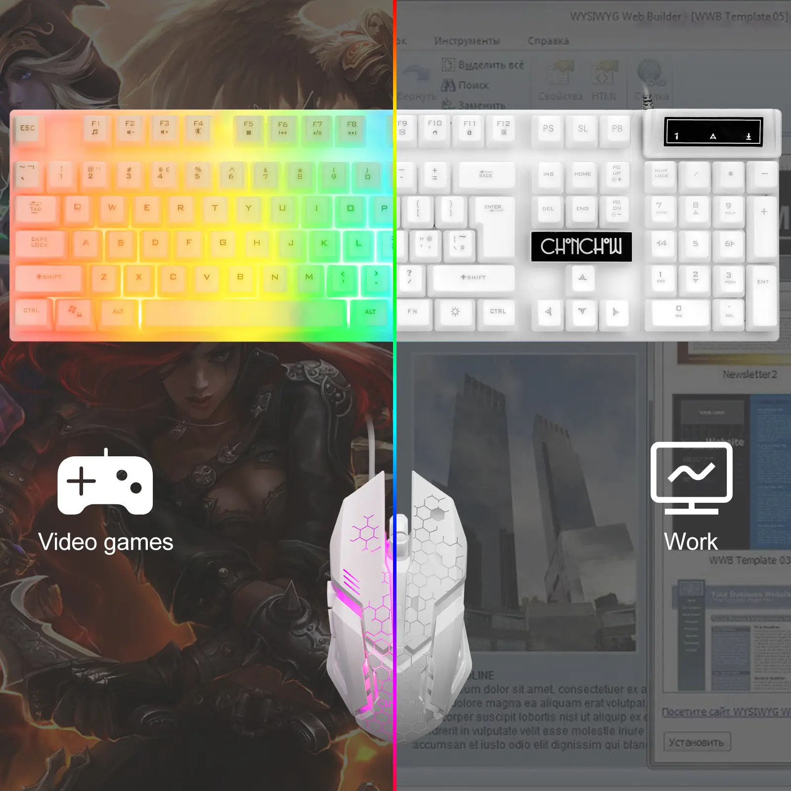 LED Keyboard Mouse,104 Keys Rainbow Backlit Keyboard and 7 Color RGB Mouse White Gaming Keyboard and Mouse Combo for PC Laptop Xbox PS4 Gamers and Work