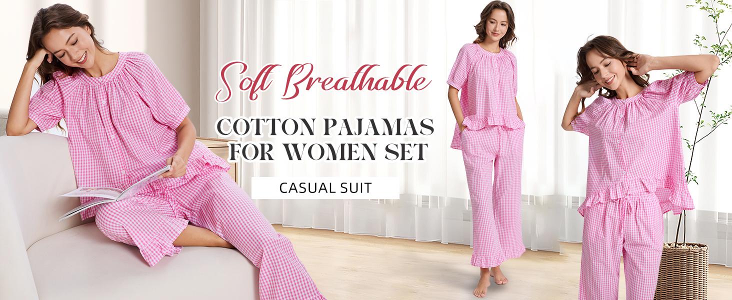 Yimoon Gingham Pajama Set for Women 2 Piece Plaid Cotton Button Down Top and Pants Pjs Ruffle Lounge set Sleepwear Casual Chic