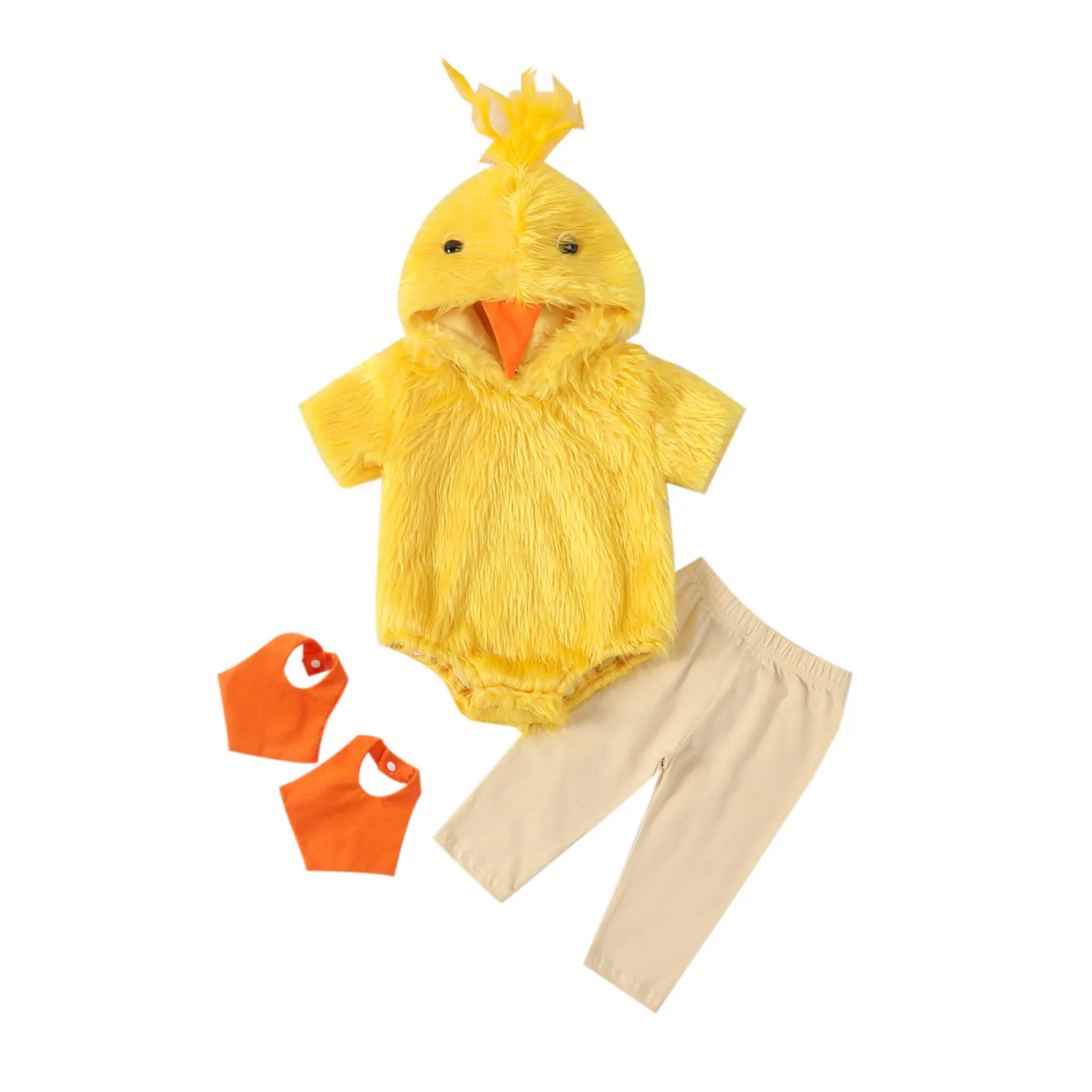 Unisex Newborn-Toddler Halloween Hooded Set, Elastane Blend 4-Pieces Chick Shape Onesie Costume, Kids' Duck-Themed Cute Outfit