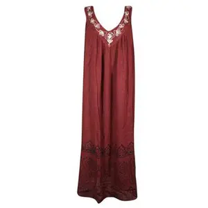 Vintage Hippie Boho Brown Dress, Embroidered Bohemian Comfy Long Dresses L