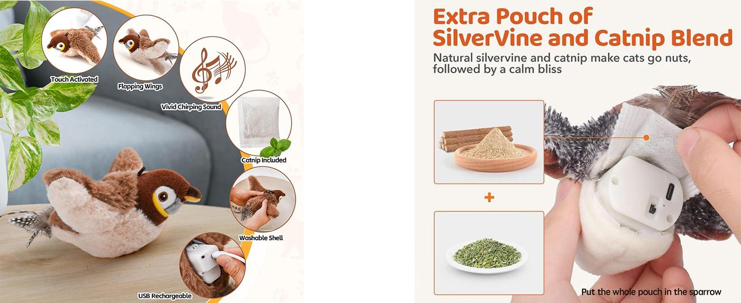 Upgraded Interactive Chirping Bird Cat Toy with Flapping Wings, New Flying Bird Cat Toy, Flight Simulation Electric Sparrow Shaking Hunting Pet Toy, Suitable for Indoor - Large (Brown)