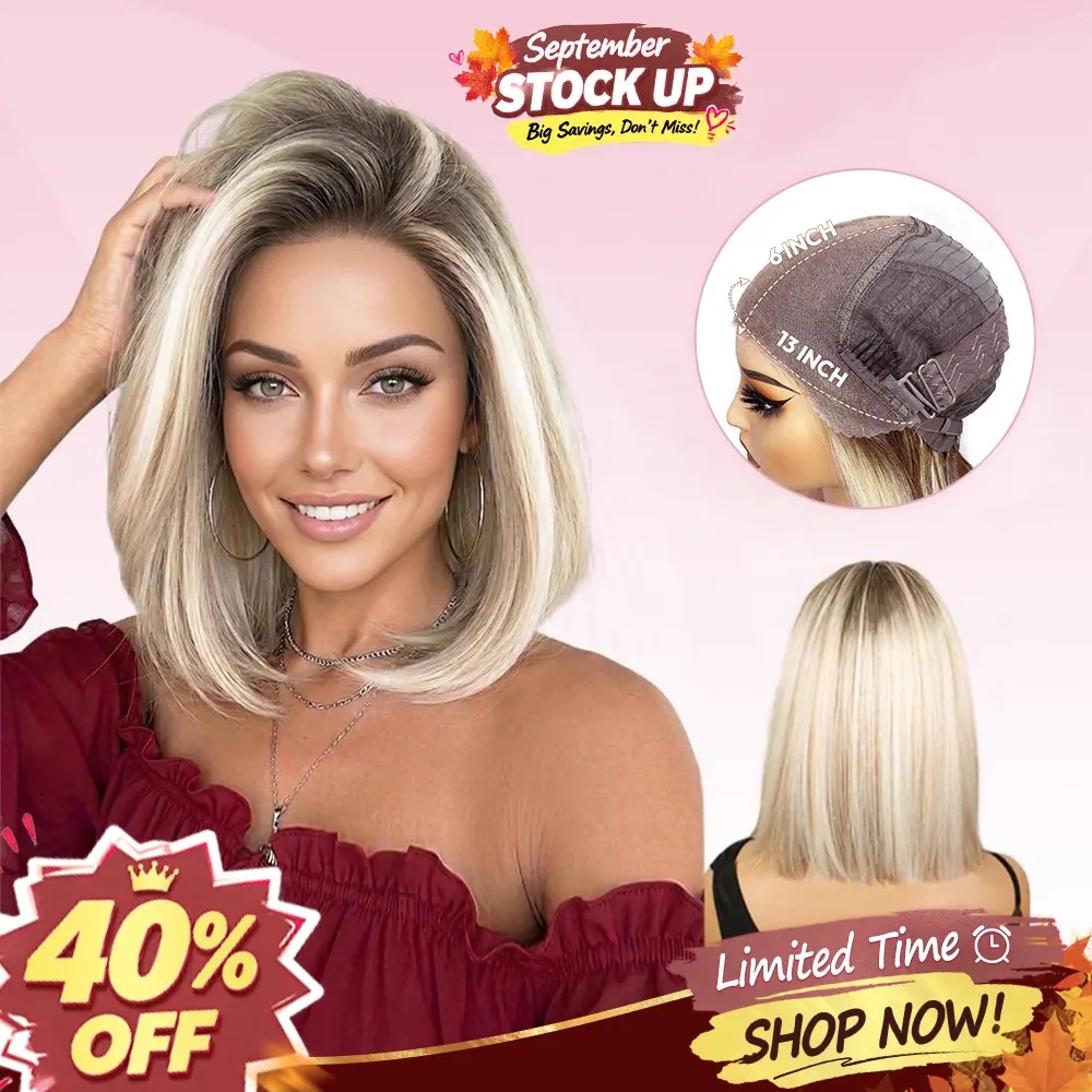 VSIGN 13x6 HD Pre-cut Lace Ombre Ash Platinum Blonde with Brown Highlights Dark Root Glueless Front Lace Synthetic Bob Wig Low Density Premium Futura Heat Resistant Synthetic Soft Hair Wig Beginner Friendly for Woman Daily Party Travel Wear