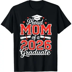 Women's Casual Short-Sleeve Streetwear T-Shirt, Natural Fabric, Proud Mom of a 2026 Class Graduate Senior Graduation Top
