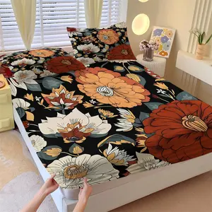 Vintage Flat-Print Autumn Floral Print Fitted Sheet Set & 2 Pcs Pillowcases, Dahlia Camellia & Poppy with Burnt Orange Off-White Color Blocking Design, Durable Soft Vintage Sophistication Home Decor Gift Choice, Floral Sheets, Bed Sheet Set