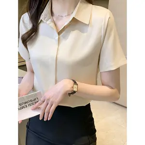 Women's 2025 Summer New Chiffon Button-Down Shirt - Polished Slim-Fit Business Blouse, Polo Collar Short-Sleeve Regular-Shoulder Top