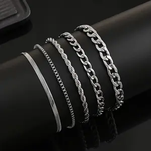 5pcs Minimalist Stainless Steel Chain Bracelet Set, Unisex, Perfect for Vacation, Parties, Dates, Gifts, and Casual Attire, Neutral Style