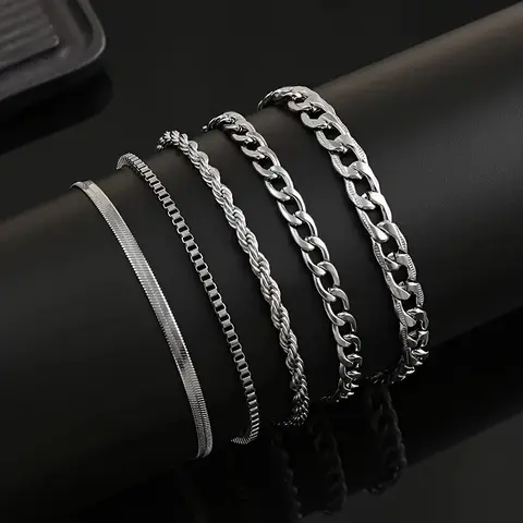 5pcs Minimalist Stainless Steel Chain Bracelet Set, Unisex, Perfect for Vacation, Parties, Dates, Gifts, and Casual Attire, Neutral Style