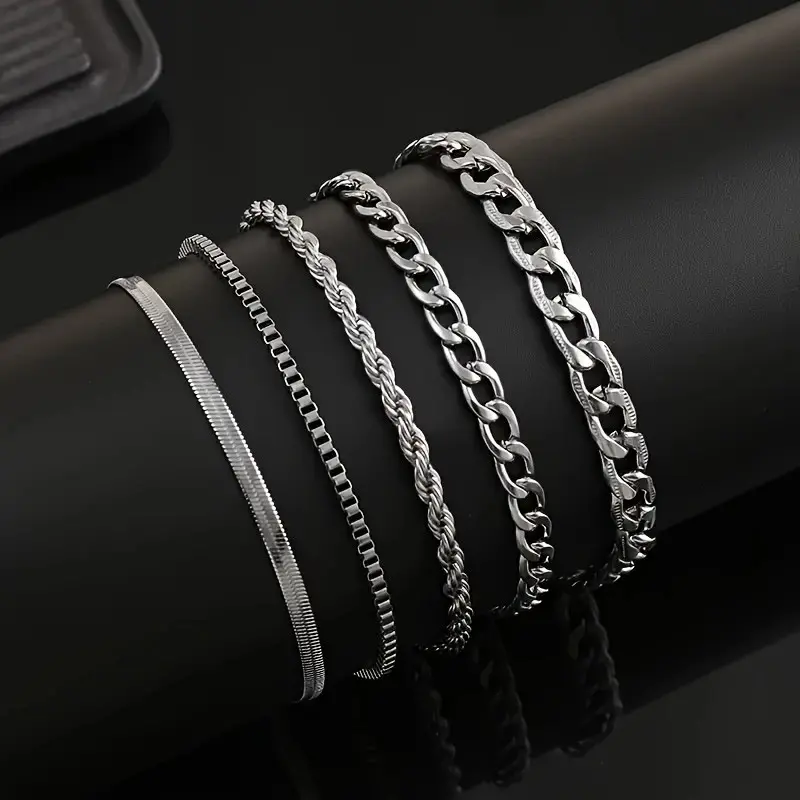 5pcs Minimalist Stainless Steel Chain Bracelet Set, Unisex, Perfect for Vacation, Parties, Dates, Gifts, and Casual Attire, Neutral Style