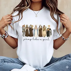 Women's Comfortable Casual Short-Sleeve Round Neck Catholic Saint Tee - "Pray Like A Girl" Christian Apparel for Ladies (Sweatshirt Option Available)