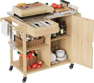 Outdoor Grill Cart with Wheels and Stainless Steel Top,Wood BBQ Cart Prep Table with Drawer & Open Shelves,Portable Rolling Kitchen Island