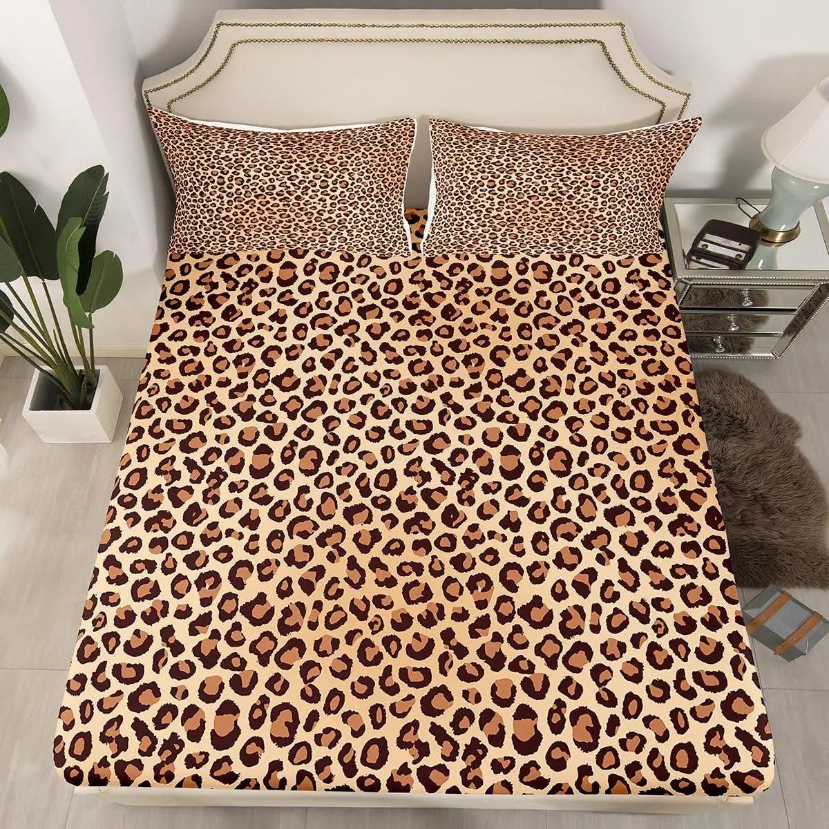 Black Brown Leopard Print Sheet Sets Women Cheetah Print Fitted Sheet for Kids Boys Girls Children Men Africa Animal Wildlife Bedding Set Ultra Soft Decor Safari Bed Cover No Flat Sheet