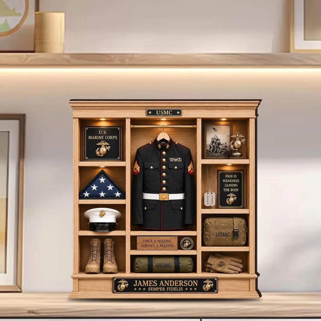 Personalized USMC Shadow Box, Custom Marine Corps Retirement Gift, USMC Veteran Keepsake, Marine Service Display, Military Desk Decor
