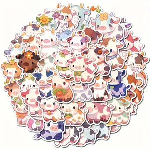Cute Cow Pattern Sticker, 50pcs/set Cartoon Animal Decorative Sticker, DIY Decals for Water Bottle, Laptop, Cellphone, Phone Case, Scrapbooking, Journal Making