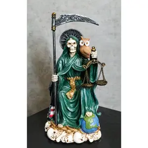 Seated Green Santa Muerte With Scythe Scales of Justice And Wise Owl Figurine 9"