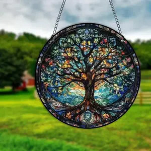 Tree of Life Suncatcher – Faux Stained Glass Window Hanging, Christmas Home Window Decoration Gift