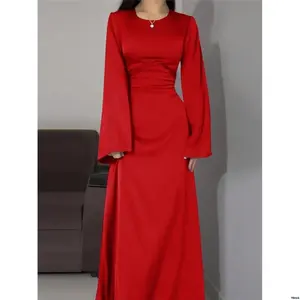 Modest WomenSolidColorRoundNeckLongSleeveSlimFitDress ElegantElegant