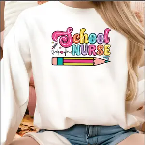 School Nurse Bright Colors Sweatshirt with Fun Pencil Design for Healthcare Professionals