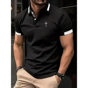 Men's Regular Fit Cross Print Button Front Polo Shirt, Casual Short Sleeve Polo Top for Summer, Fashion Men's Clothes for Daily Wear