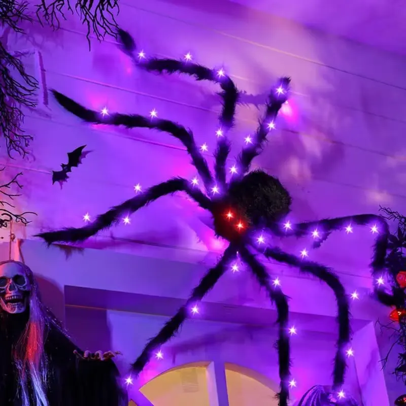 6.6ft Giant Halloween Spider Decoration LED Light Up Black Hairy Spider with Red Lighted Eyes Battery Operated Realistic Scary Fake Spider for Yard Party Haunted House Decor Outdoor Indoor