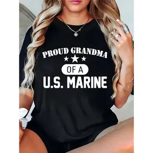 Women’s Proud Grandma of a U.S. Marine Graphic T-Shirt with Stars – Patriotic Tee for Grandmothers, Perfect for Marine Corps Celebrations, Veterans Day, or Family Pride Occasions