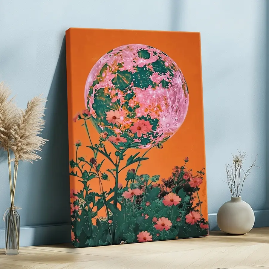 Wooden Framed Wall Art, Wrapped Canvas Vintage Prints Poster, Wildflower Moon Poster, Orange And Pink Moon Wall Decoration, Mysterious Moon And Flower Retro Print, Retro Aesthetic Wall Art, Home Living Room Bedroom Ofice Wall Decor, Gifts Artwork