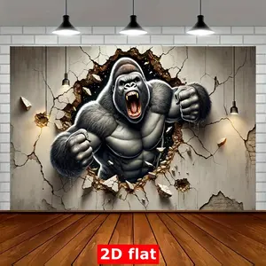2D Flat, 1pc Gorilla Roaring Through Wall 8x6ft Polyester Party Banner - Vibrant 2D Flat Design with Cracked Wall Effect, Perfect for Indoor/Outdoor Celebrations, Studio Backdrop, Home & Garden Events, Durable & Easy to Hang, Indoor Outdoor Banner |