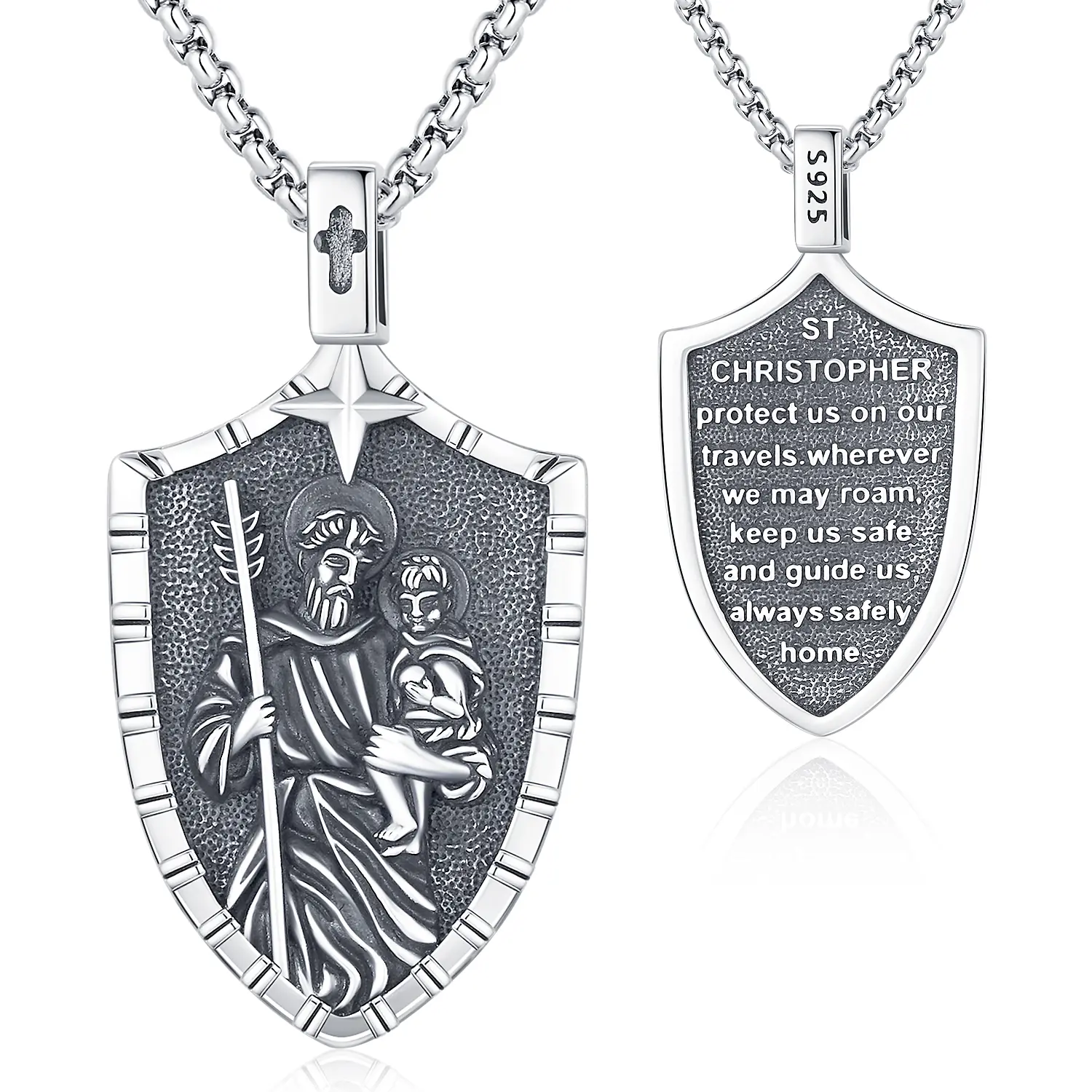 Bernashen S925 Sterling Silver Saint Christopher Necklace Sterling Silver St Christopher Medal Jewelry Amulet Protect Us Religious Jewelry for Men Women