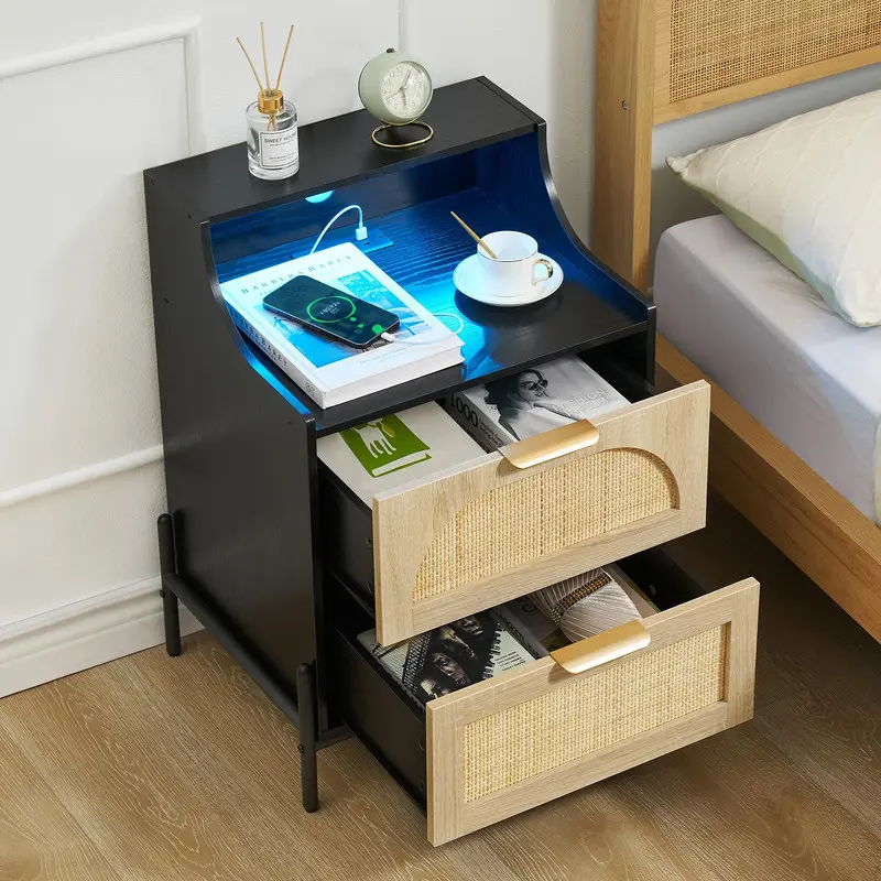 Bohemian Black Rattan Weave Nightstand - 2-Drawer Bedroom Side Table with Gold Metal Legs, Charging Station, LED Lights, USB Ports, Outlets, Living Room Storage Furniture, Side Tables