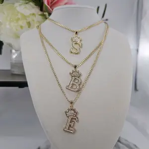 14K Gold Plated Crown Letters with Rhinestone and Chain 4mm 20in and 24in