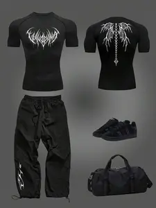 Manfinity Sport Corelite 2pcs Men Graphic Printed Raglan Sleeve T-Shirt And Pants Sports Suit Set Workout Clothes Running Sets Workout Set Gym Top Fall Breathable