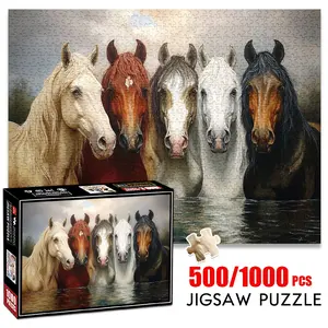 1pc 1000 piece adult puzzle 70x50cm Group of Five Different - Colored Horses Standing in Water 500 pieces of paper jigsaw puzzle, suitable for adults and families, large-scale DIY puzzle interacti
