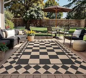 Modern Checkered Throw Carpet with Non-Slip Backing, Stain-Resistant Low Pile Floor Mats, Foldable Durable Outside Rugs for Patio, Deck, Black White