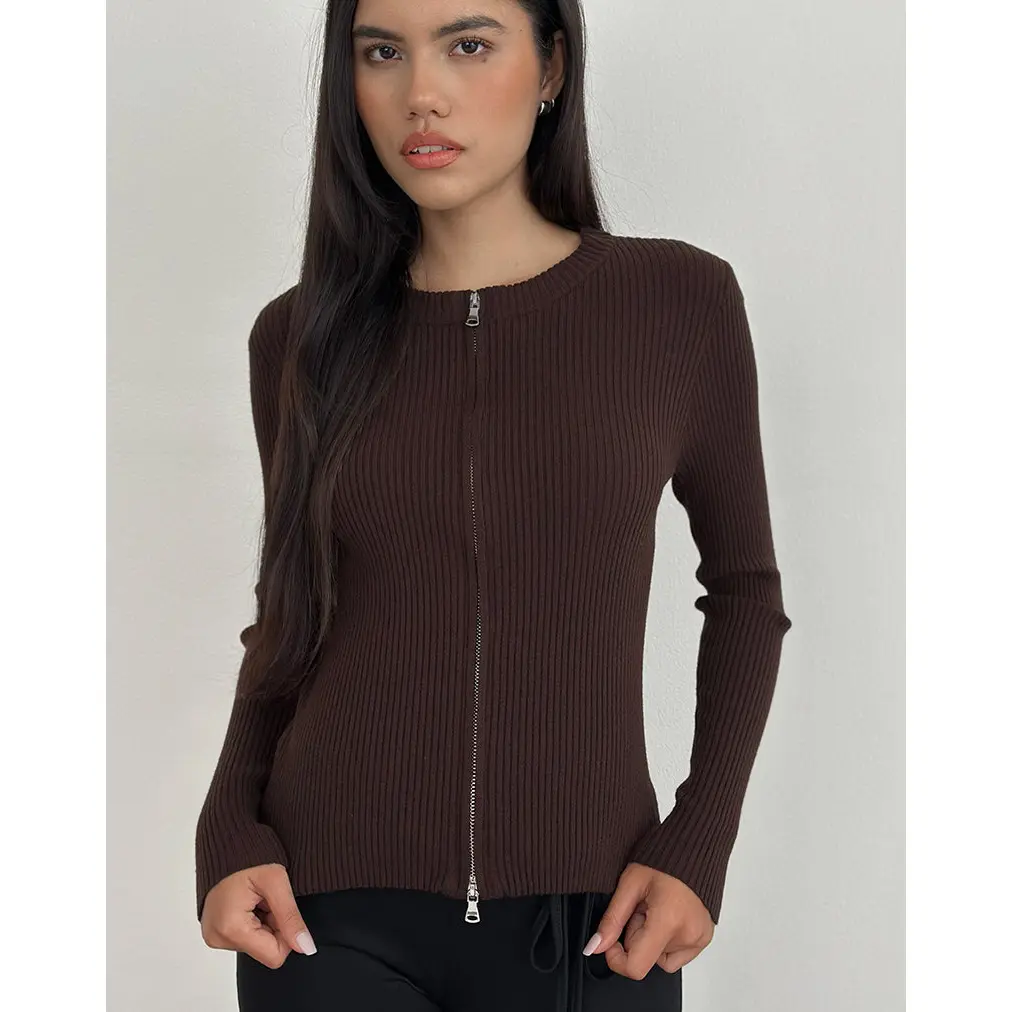 Liano Zip Cardigan in Rib Knit Brown