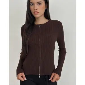 Liano Zip Cardigan in Rib Knit Brown